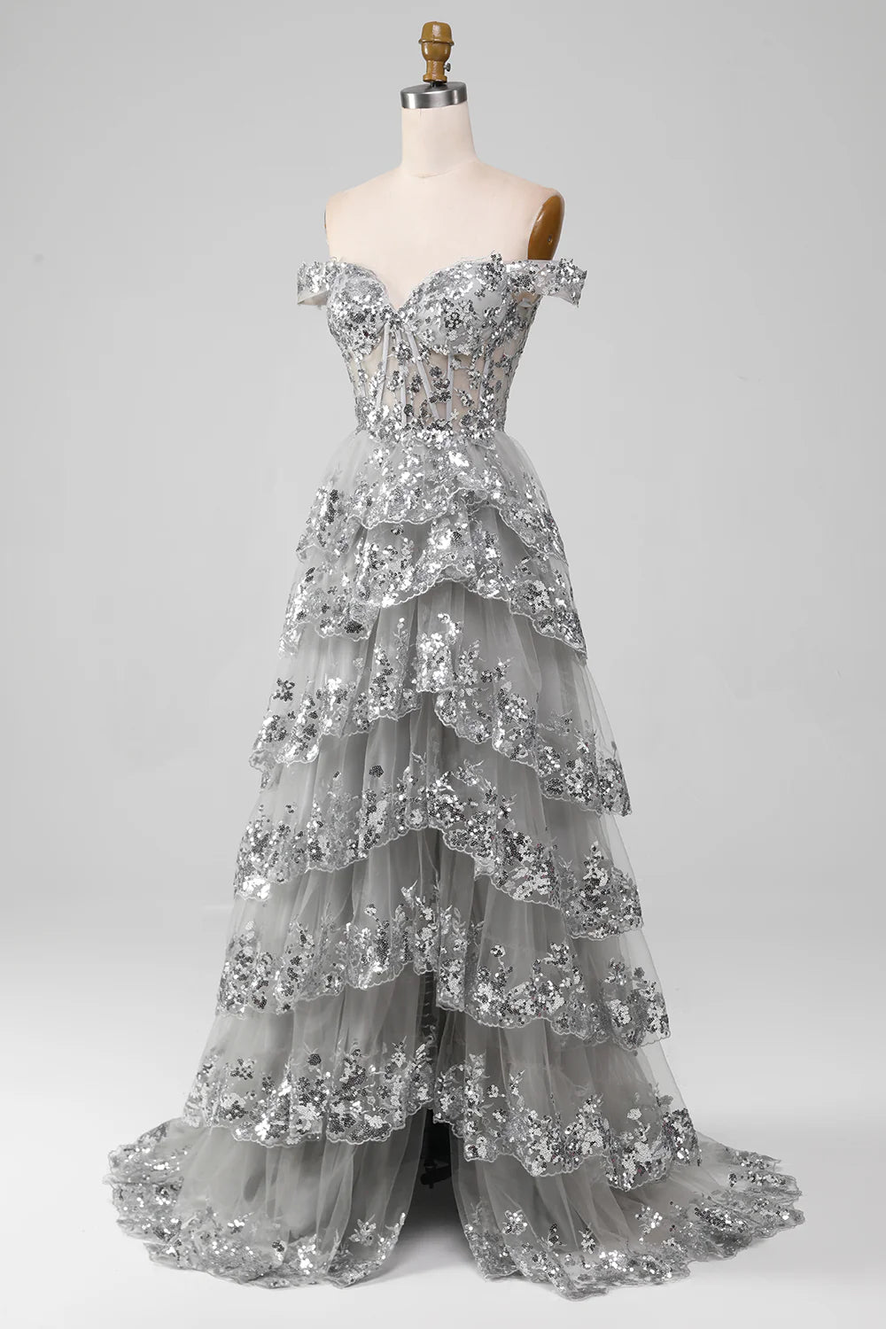 Off the Shoulder Grey Silver Sparkly Tiered Prom Dress with Slit TP1383