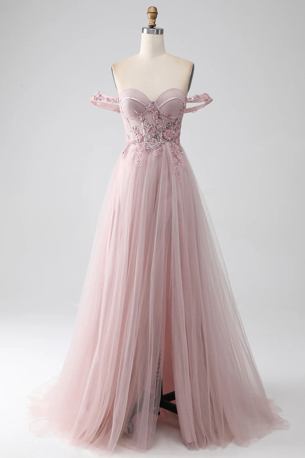 Off the Shoulder A Line Beaded Prom Dress with Slit TP1384