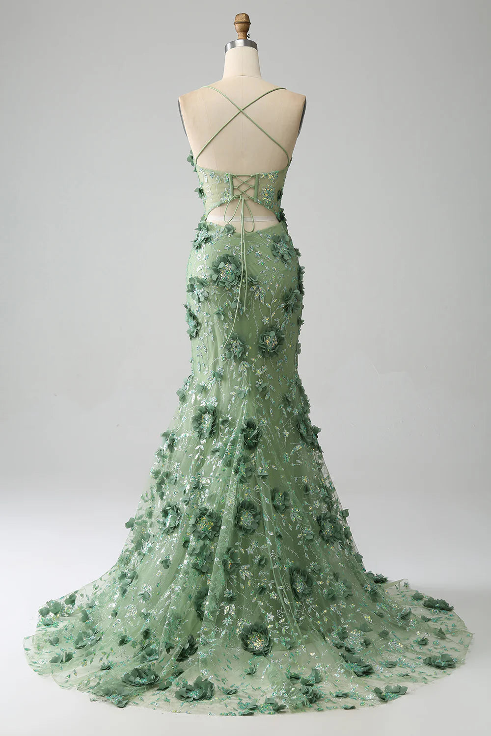 Mermaid Spaghetti Straps Green Corset Prom Dress with Appliques TP1388