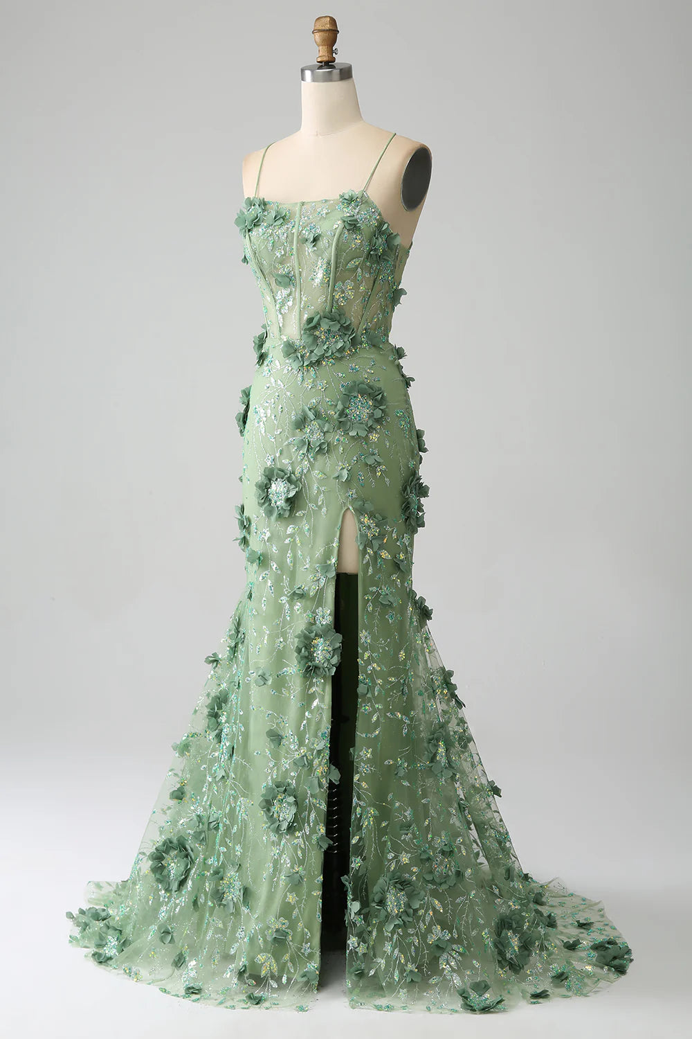 Mermaid Spaghetti Straps Green Corset Prom Dress with Appliques TP1388