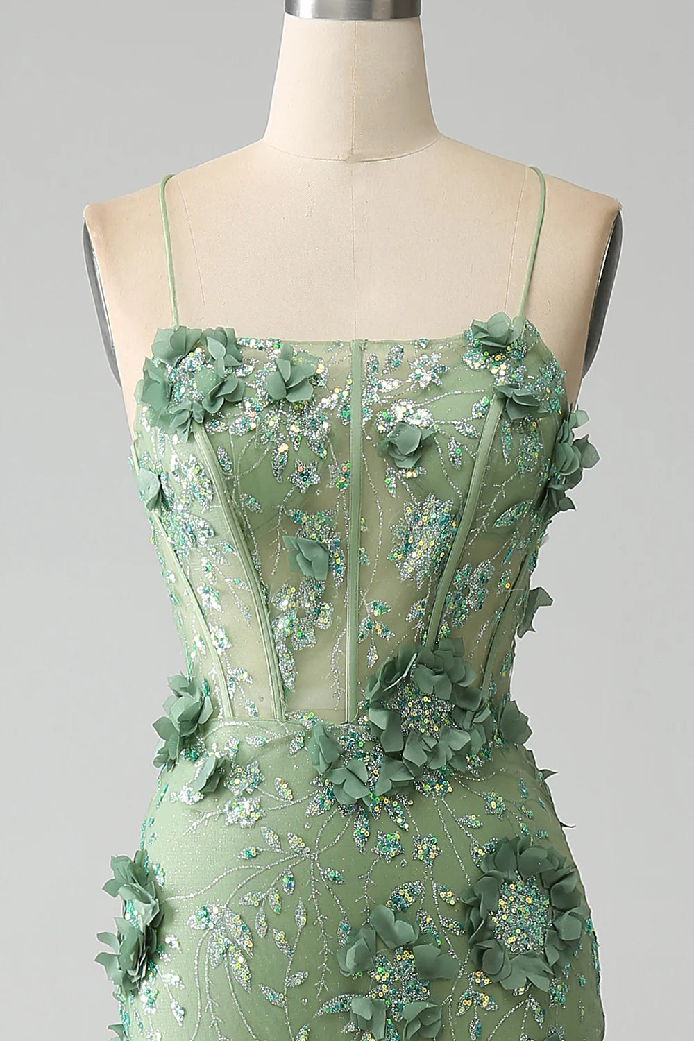 Mermaid Spaghetti Straps Green Corset Prom Dress with Appliques TP1388