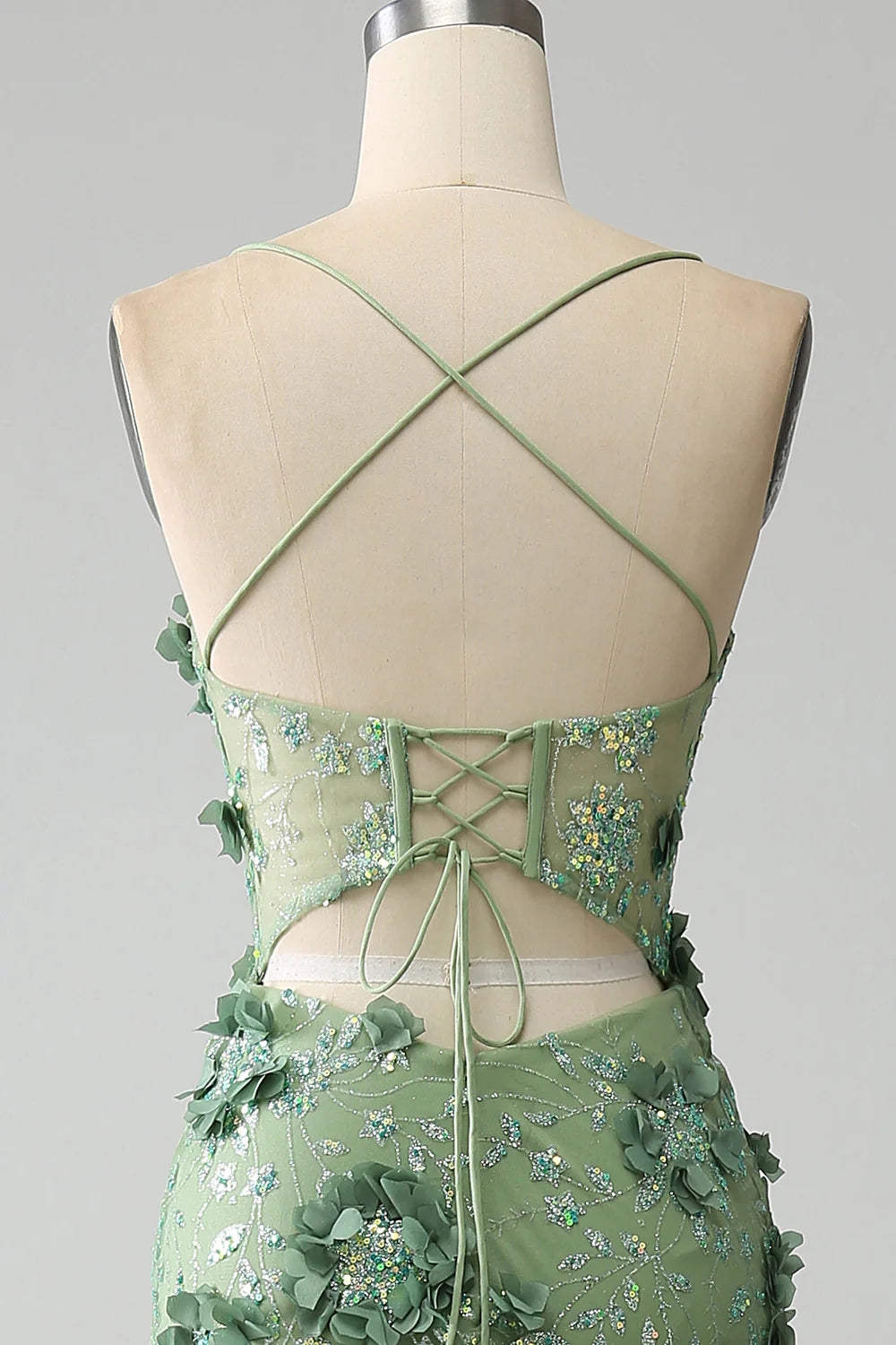 Mermaid Spaghetti Straps Green Corset Prom Dress with Appliques TP1388