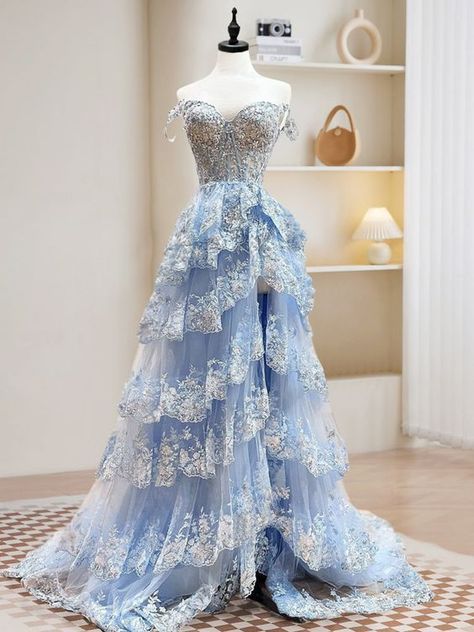 Blue Crystal Sequins Princess A Line Off the Shoulder Prom Dress with Lace Ruffles TP1402