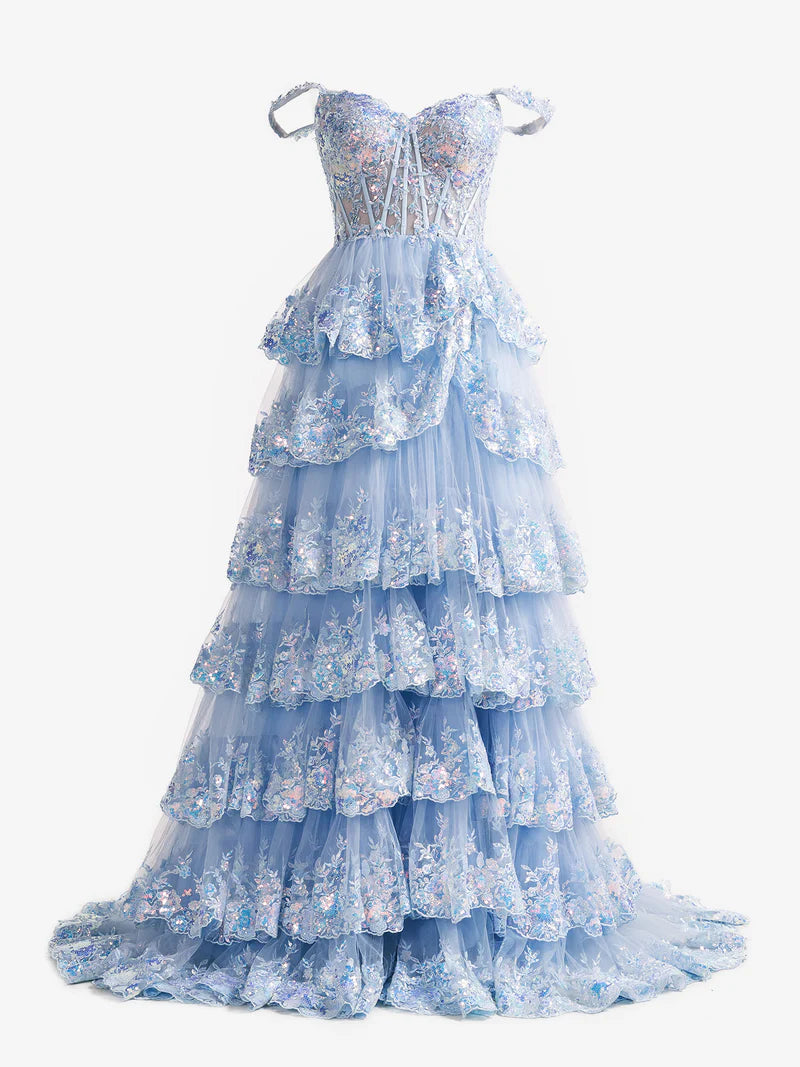Blue Crystal Sequins Princess A Line Off the Shoulder Prom Dress with Lace Ruffles TP1402