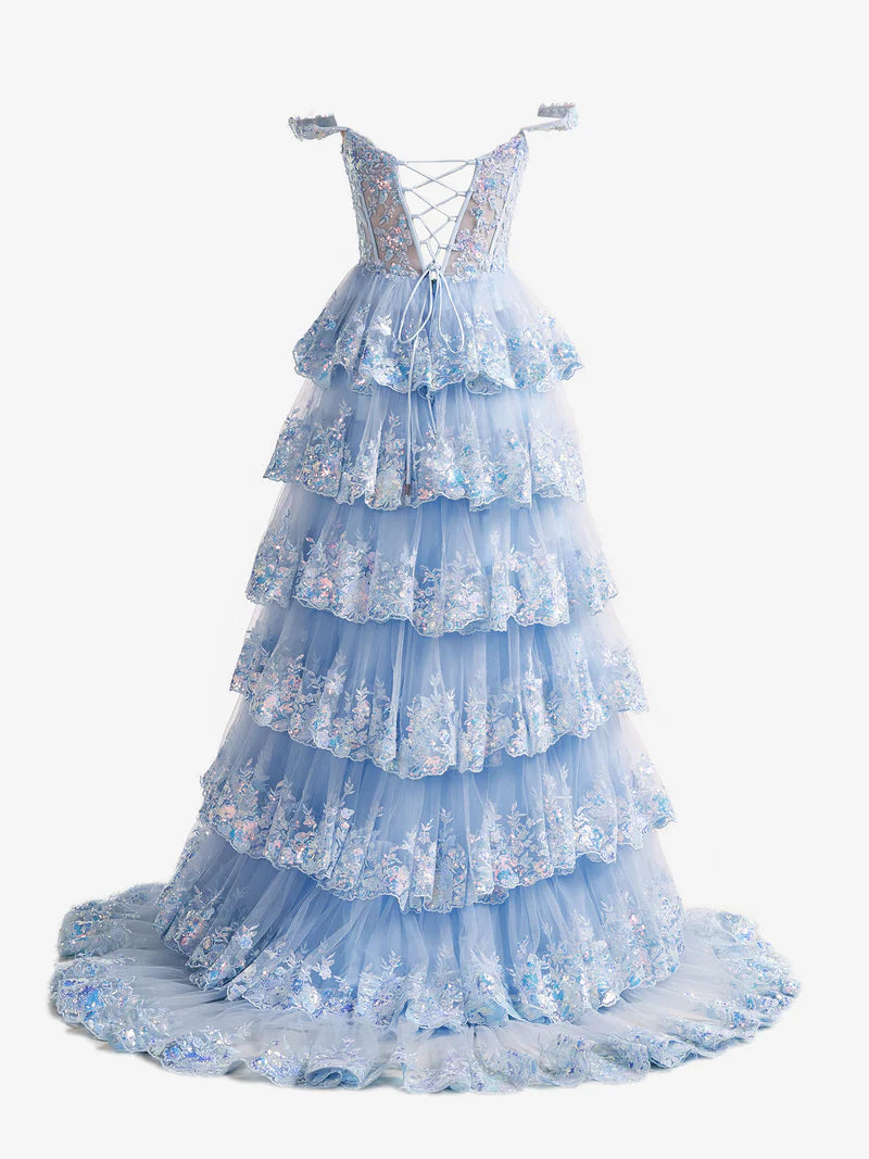 Blue Crystal Sequins Princess A Line Off the Shoulder Prom Dress with Lace Ruffles TP1402