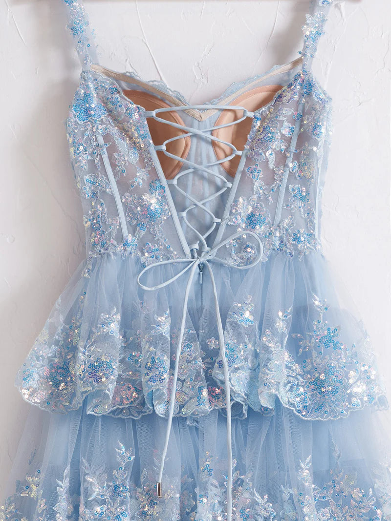 Blue Crystal Sequins Princess A Line Off the Shoulder Prom Dress with Lace Ruffles TP1402