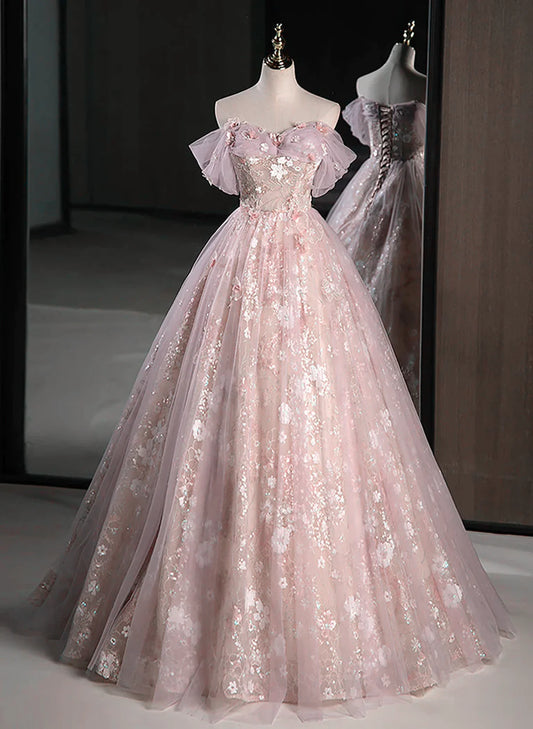 Pink Sweetheart Floral Lace and Tulle Prom Dress, Pink Sweetheart Long Party Dress TP1403