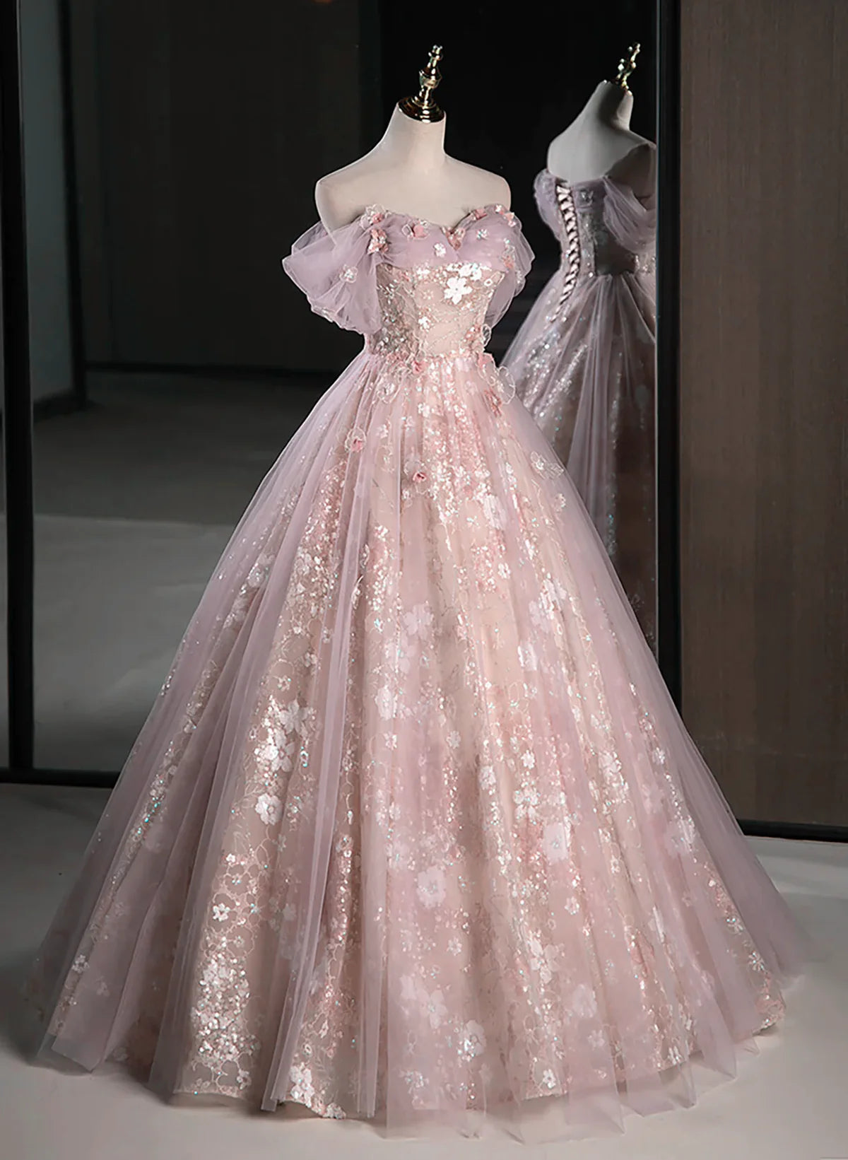 Pink Sweetheart Floral Lace and Tulle Prom Dress, Pink Sweetheart Long Party Dress TP1403