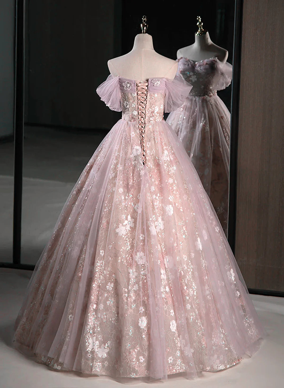 Pink Sweetheart Floral Lace and Tulle Prom Dress, Pink Sweetheart Long Party Dress TP1403