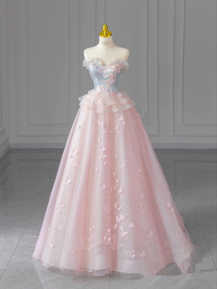 Pink Sweetheart A-Line Heart Neck Strapless Tulle Long Evening Dresses TP1407