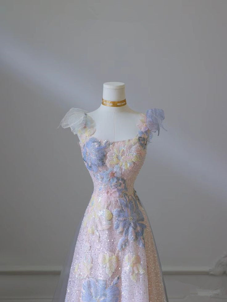 Pink Floral A-Line Strap Tulle Long Evening Dress TP1408