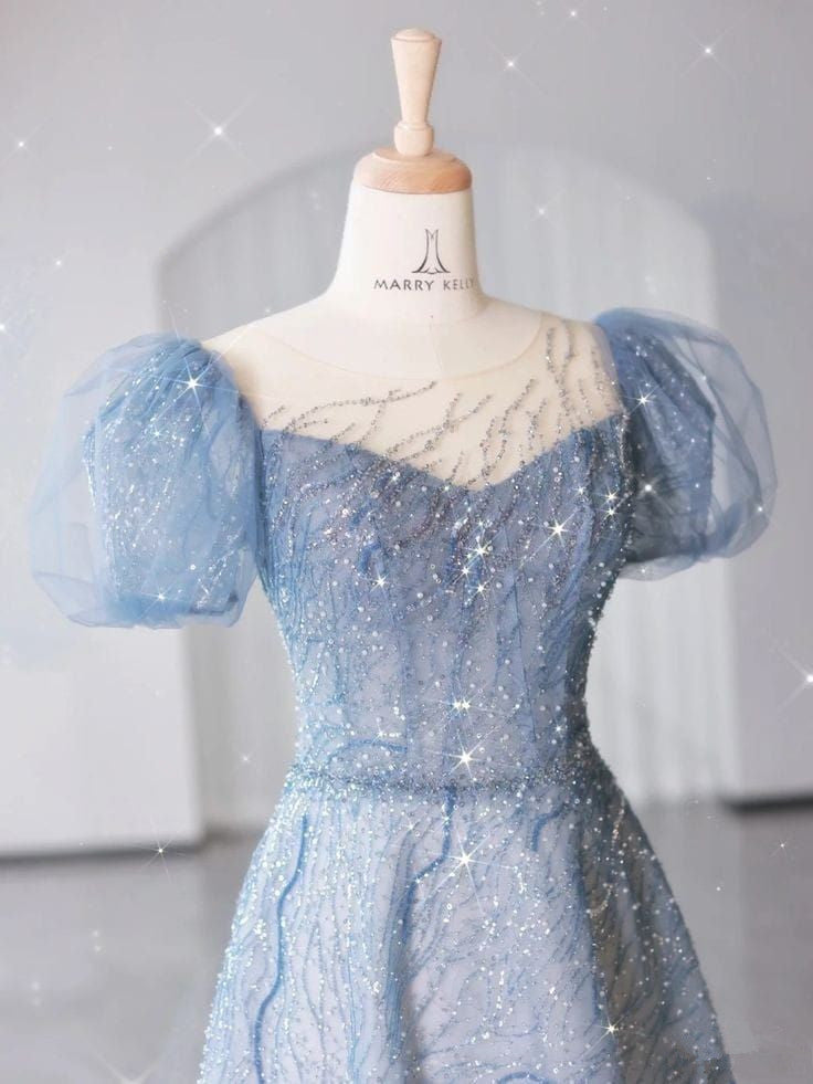 Blue Gradient A-line Short Sleeve Heart Shaped Neck Tulle Evening Dresses TP1409