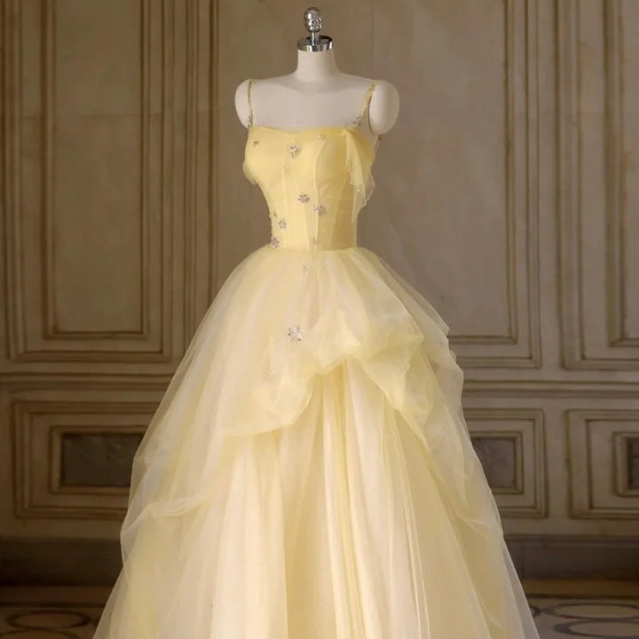 Light Yellow Tulle Long Party Dress, Yellow Tulle Prom Dress TP1415