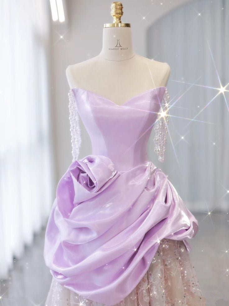 Purple Satin A-Line Heart Neck Strapless Tulle Long Evening Dresses TP1418