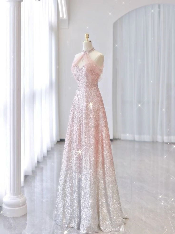Pink Gradient Neck Hanging Sleeveless Full Shiny Beaded A-Line Long Evening Dress TP1421