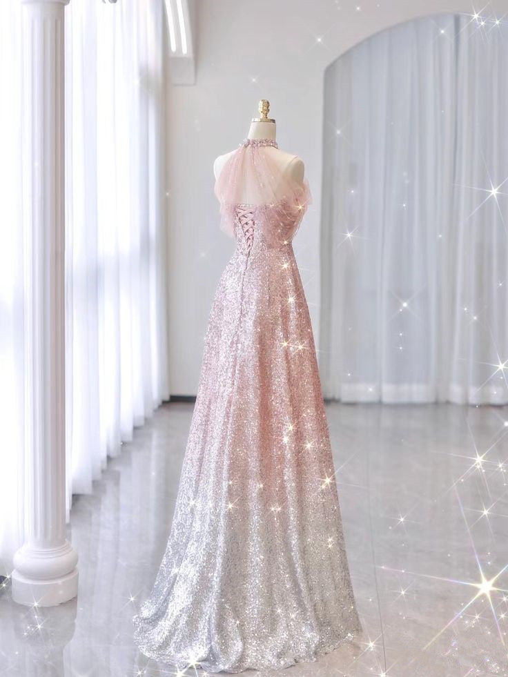 Pink Gradient Neck Hanging Sleeveless Full Shiny Beaded A-Line Long Evening Dress TP1421