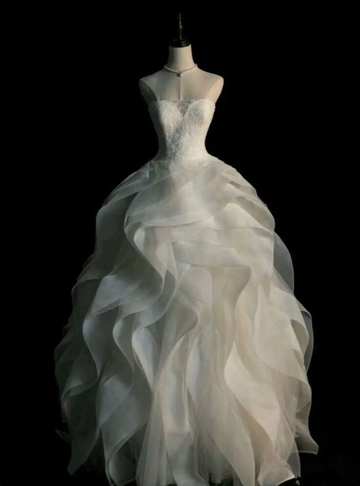 White A-Line Strapless Tulle Tiered Long Evening Dresses TP1426