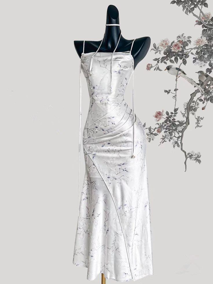 White Elegant Chinese Classical Spaghetti Strap Sleeveless Tea Dress TP1432