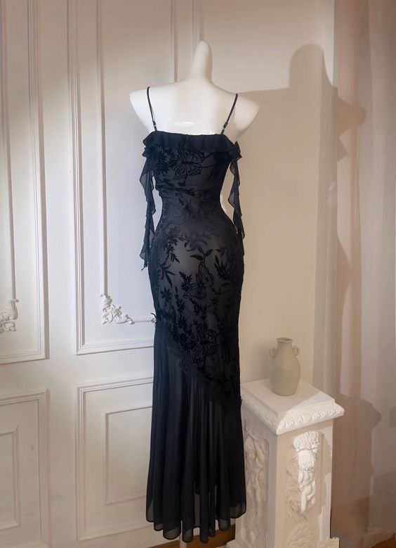 Black Lace Chiffon Spaghetti Strap Sleeveless Long Dress TP1434