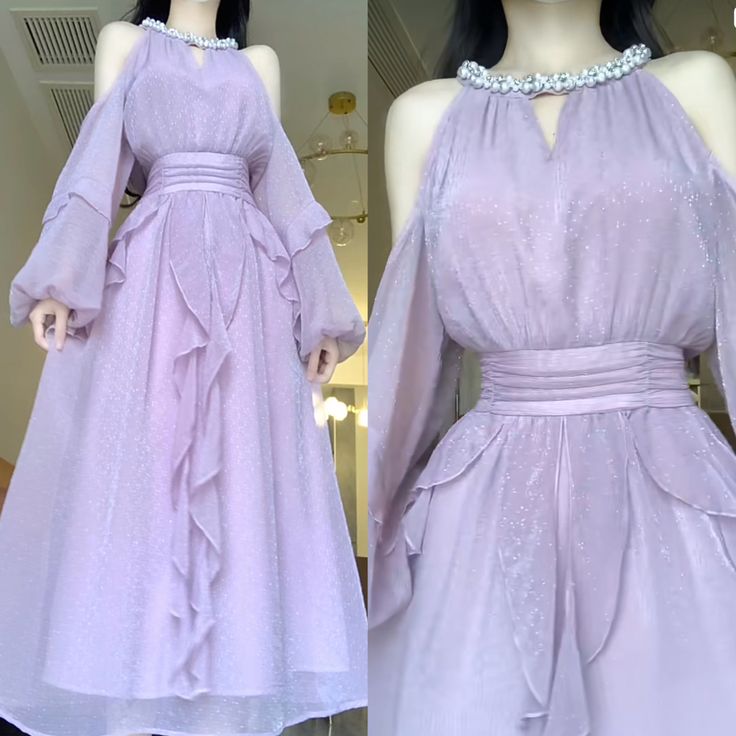 Purple Strapless Long Sleeve Hanging Neck A-Line Chiffon Long Evening Dresses TP1444
