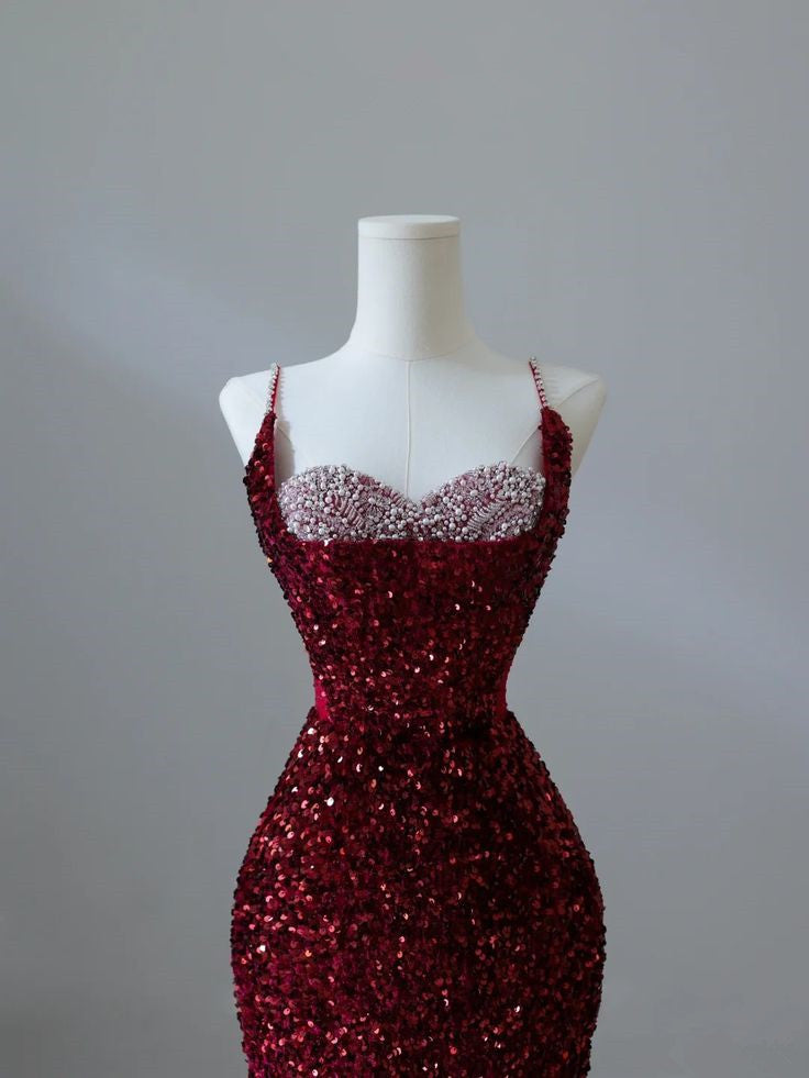 Burgundy Heart Neck Spaghetti Strap Sequined Mermaid Long Evening Dresses TP1446