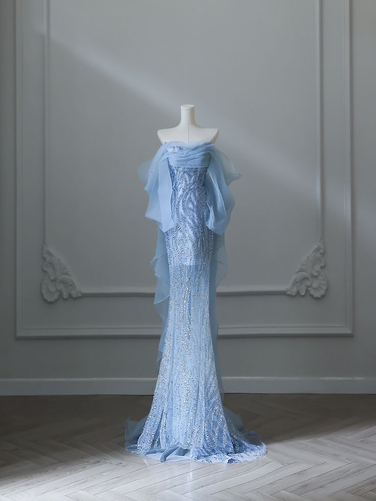 Blue A-line Strapless Beaded Tulle Elegant Long Evening Gowns TP1447