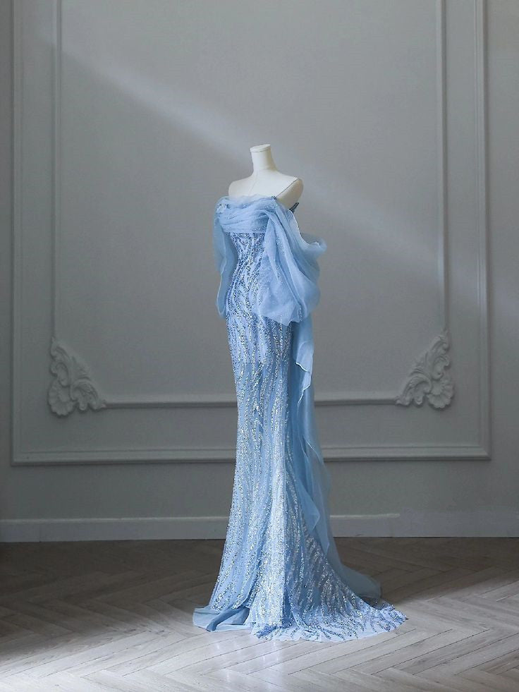 Blue A-line Strapless Beaded Tulle Elegant Long Evening Gowns TP1447