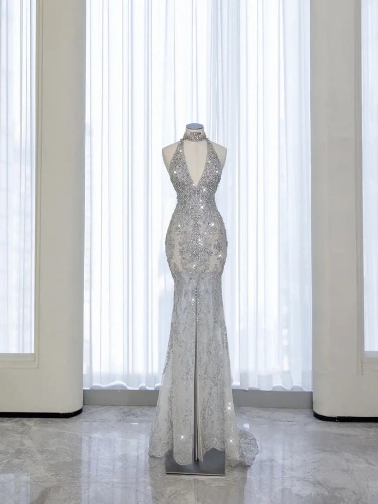 Vintage Silver Sequined Halter Neck Mermaid Sparkling Beaded Evening Gown Formal Prom Dress TP1452