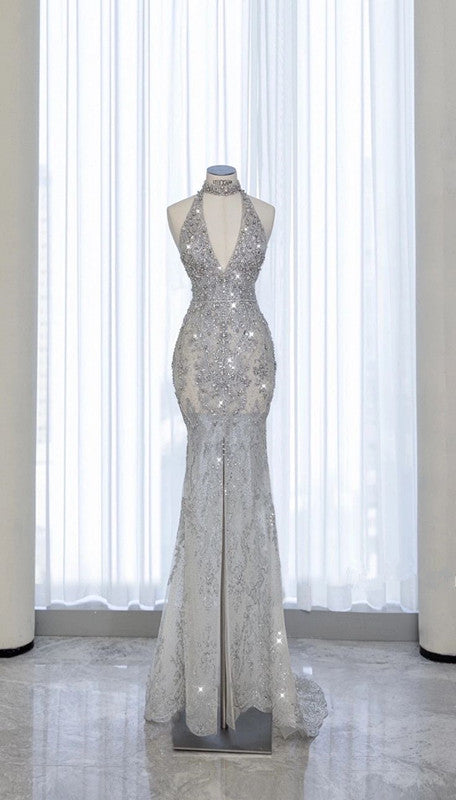Gray Strapless Neck Mermaid Sparkling Long Evening Gowns TP1452