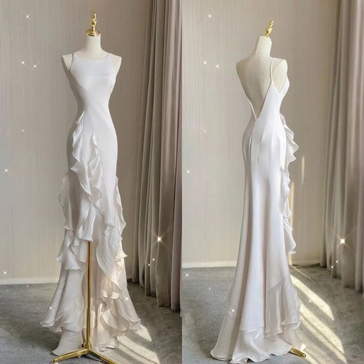 Elegant White Round Neck Slim Fit Sleeveless Dress Evening Party Gown with Ruffles TP1453