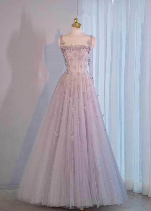 Mauve Cute Sweetheart Straps A-Line Tulle Long Evening Gowns TP1456