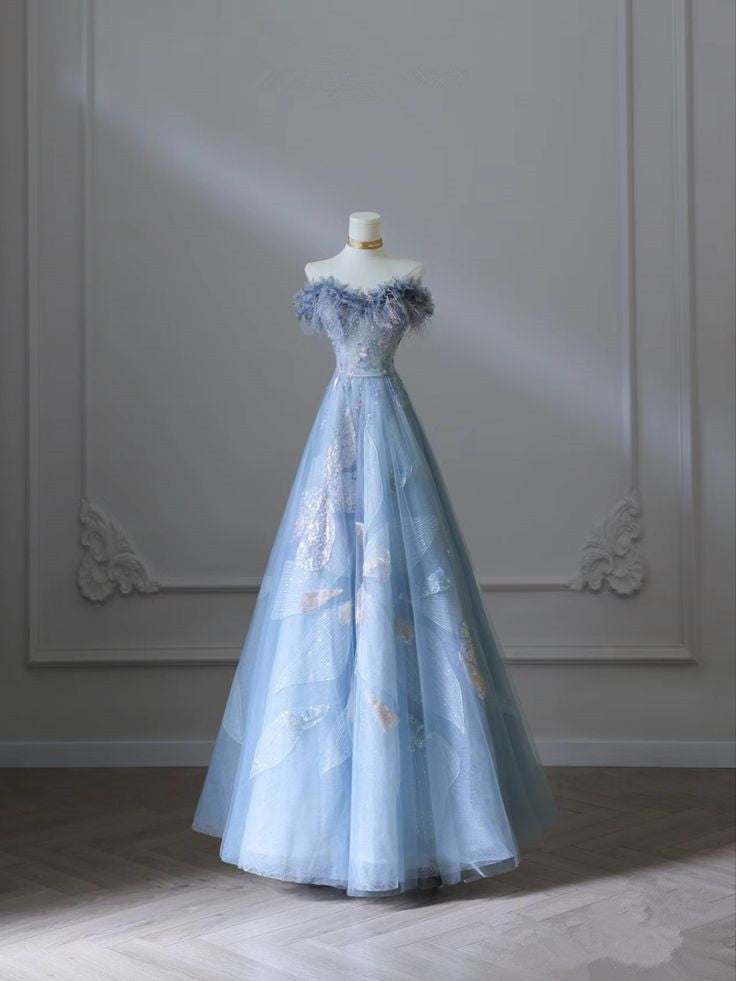 Blue A-Line Strapless Heart Neck Tulle Long Evening Dresses TP1458