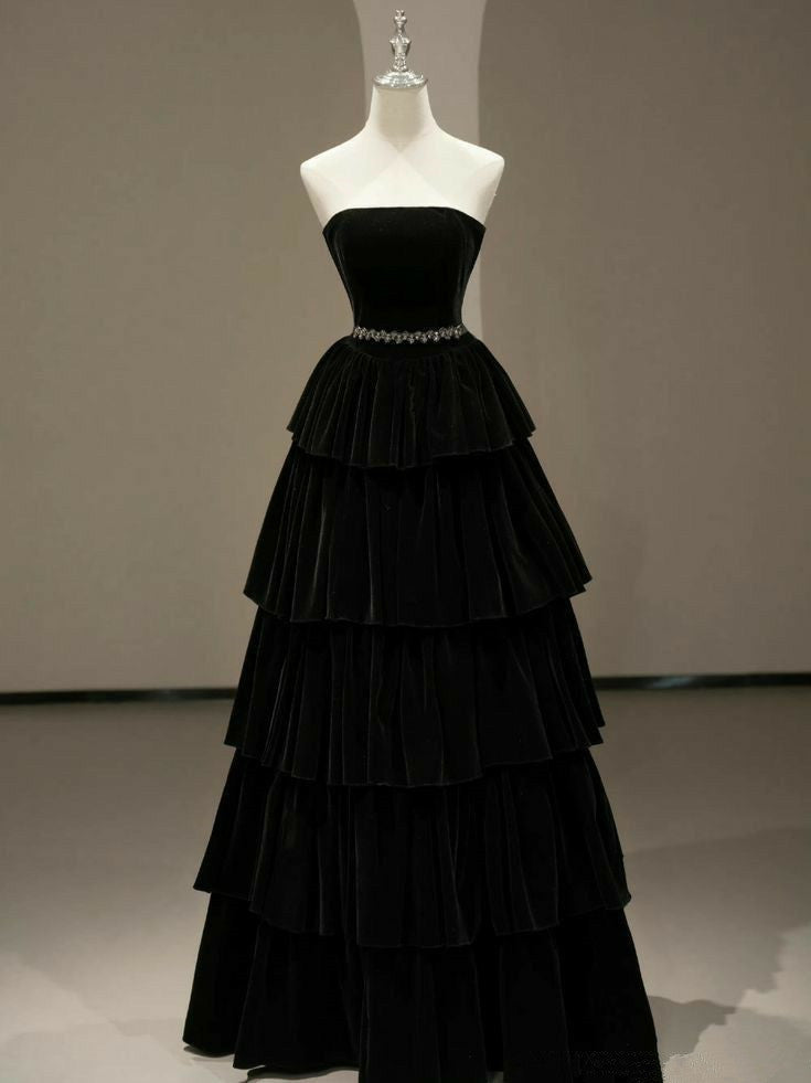 Vintage Black A-Line Velvet Strapless Elegant Tiered Long Evening Dresses TP1459