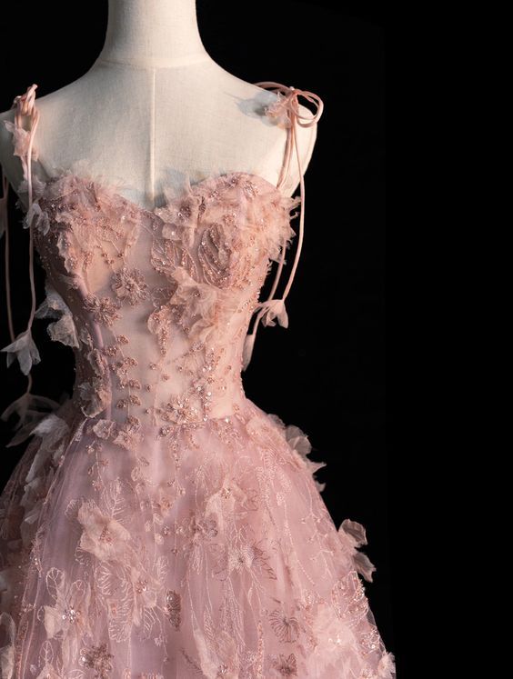 Pink A-Line Spaghetti Strap Tulle Long Evening Dresses TP1462