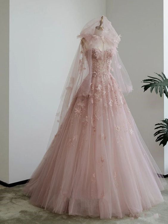 Pink A-Line Spaghetti Strap Tulle Long Evening Dresses TP1462