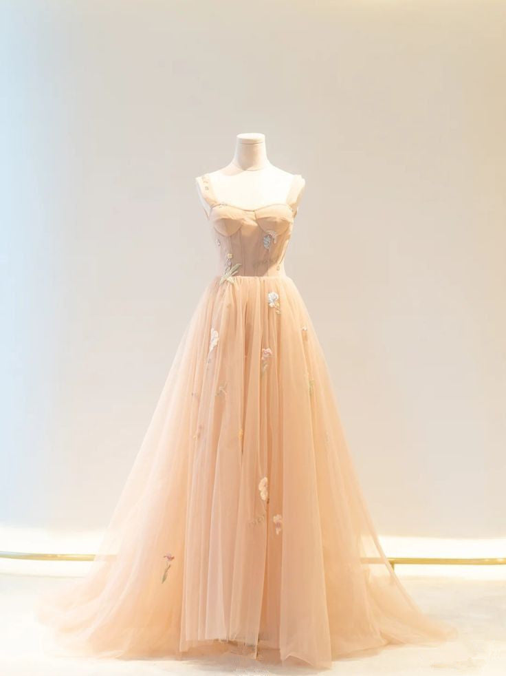 Champagne A-Line Heart Neck Spaghetti Strap Tulle Floor Length Dress TP1469