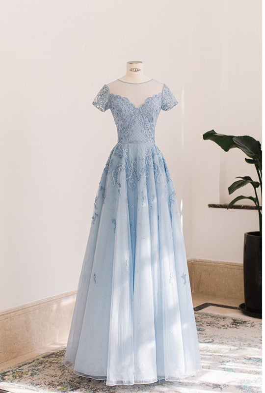 Blue A-line Round Neck Short Sleeve Lace Elegant Long Evening Dresses TP1470