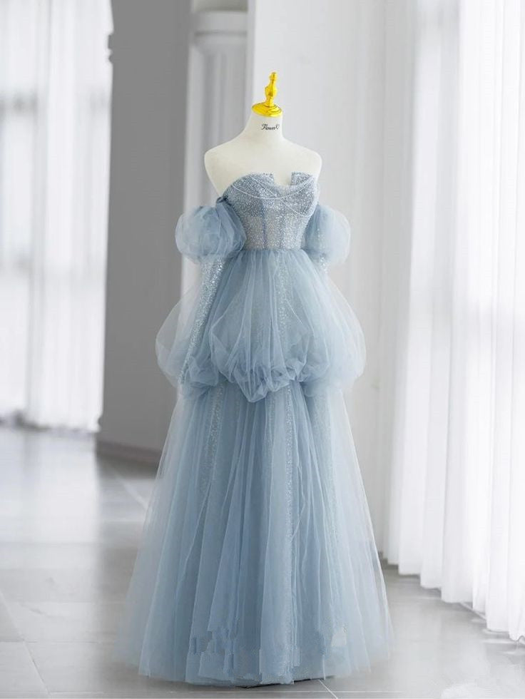 Blue A-line Strapless Long Sleeve Tulle Long Evening Dresses TP1474
