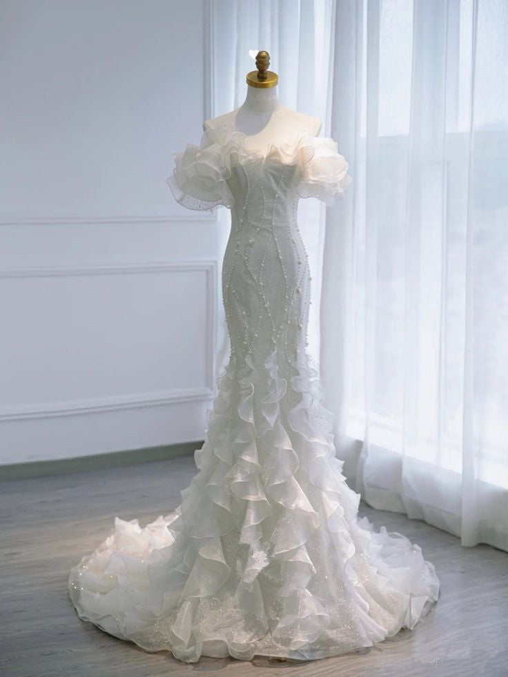 Elegant White Mermaid Strapless Ruffle Floor Length Dress TP1476