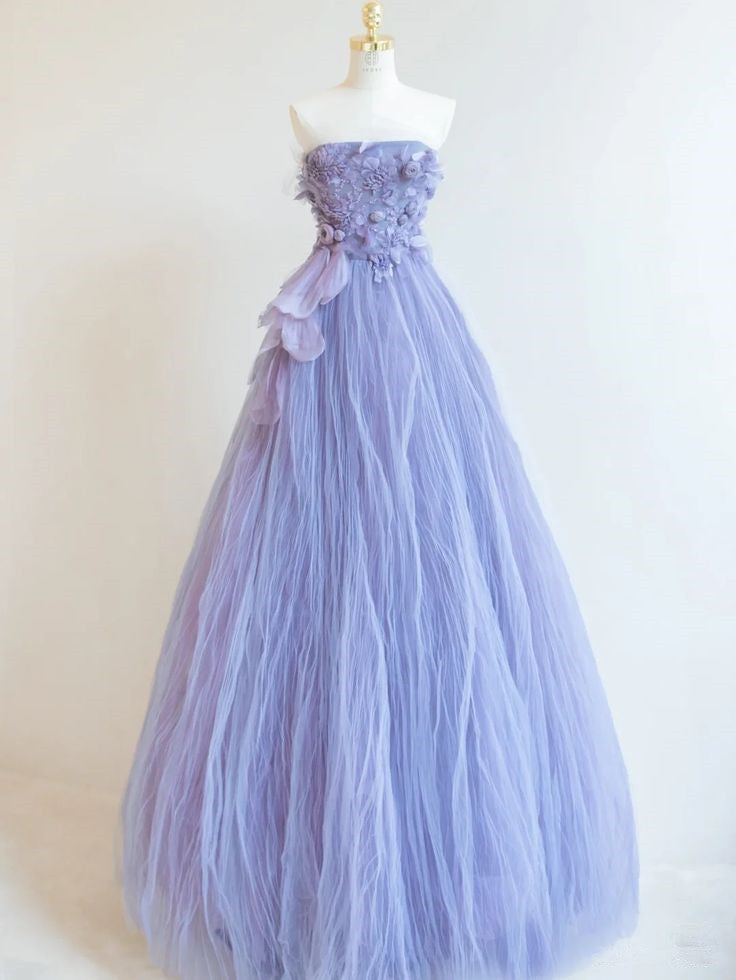 Charming Purple A-Line Strapless Sleeveless Organza Long Evening Dresses TP1477