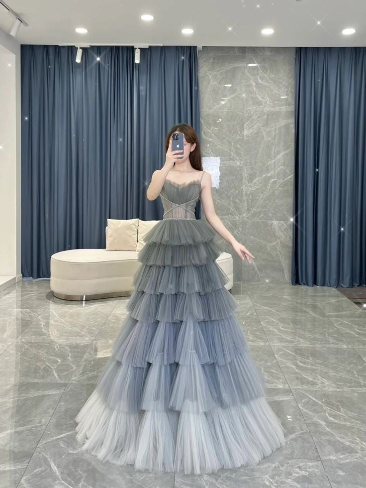 Gray A-line Spaghetti Strap Tulle Tiered Long Evening Dress TP1478