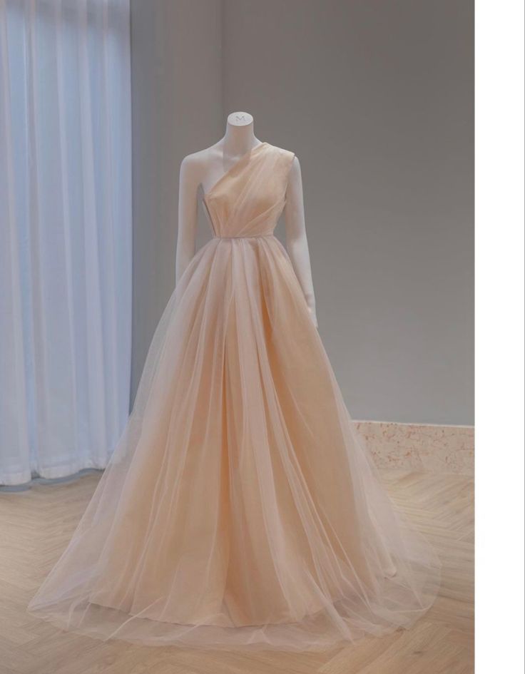 Champagne A-line One Shoulder Sleeveless Tulle Long Evening Gowns TP1479