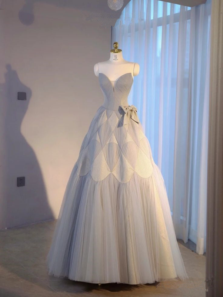 Gray A-line Spaghetti Strap Heart Neck Tulle Long Evening Gowns TP1482