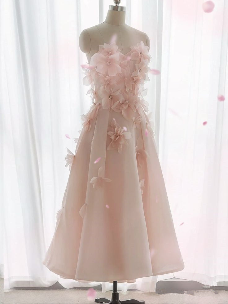 3D Pink Flower Strapless Sleeveless A-Line Tea Break Dresses TP1496