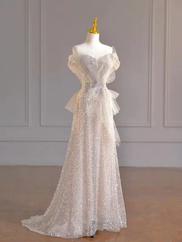 Silver A-Line Heart Neck Strapless Sparkling Long Evening Gowns TP1499