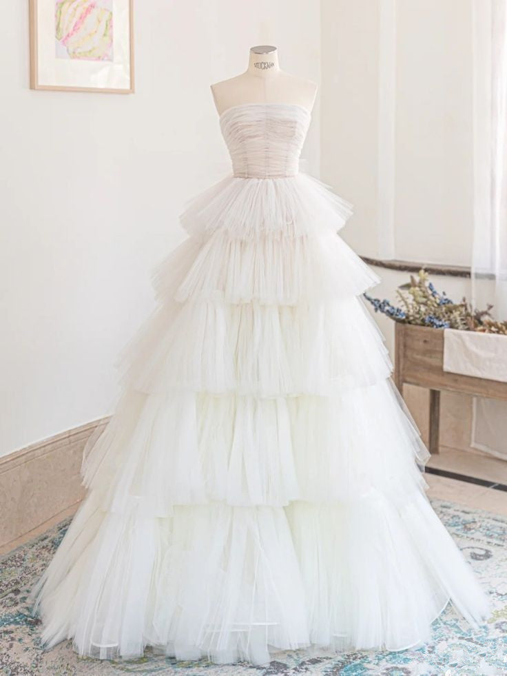 White A-Line Simple Strapless Layered Tulle Long Evening Dresses TP1500