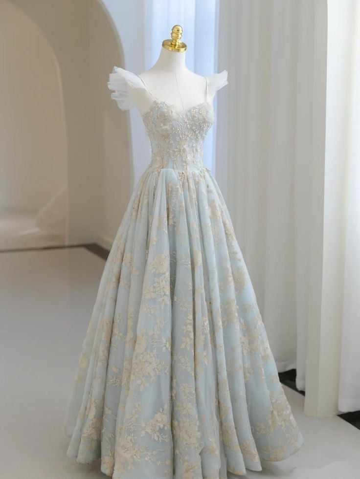 Light Blue A-line Strap Lace Long Evening Dress TP1501