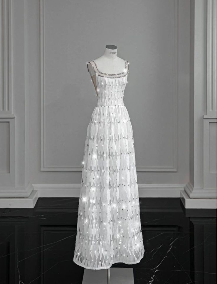 White A-line Spaghetti Straps Sleeveless Tulle Long Simple Evening Dresses TP1507