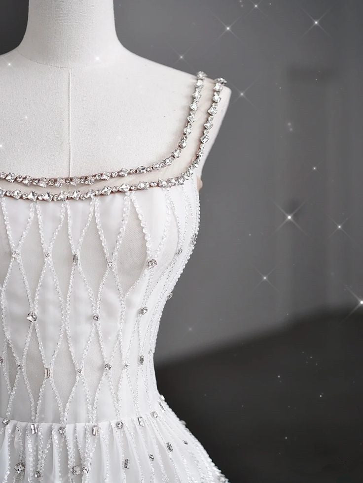 White A-line Spaghetti Straps Sleeveless Tulle Long Simple Evening Dresses TP1507