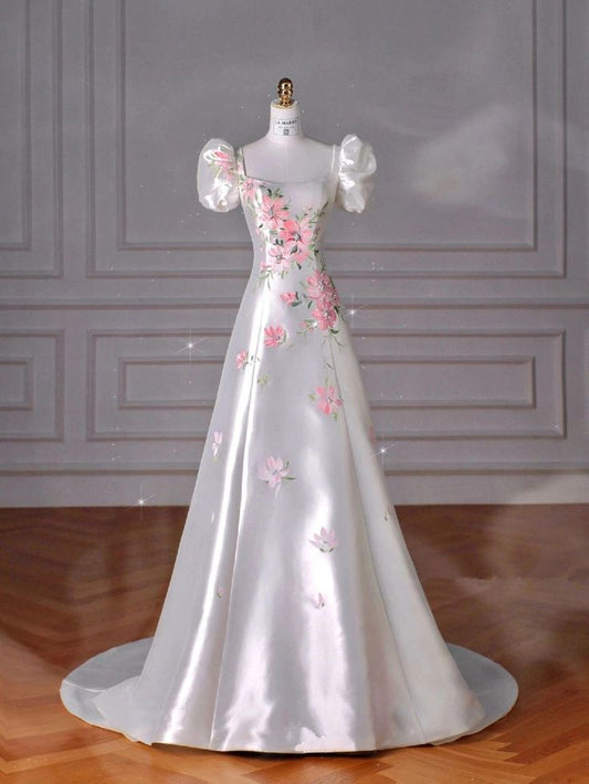 Elegant A-Line Floral Square-neck Short Sleeve Satin Floor-length Prom Dress Evening Dresses TP1516